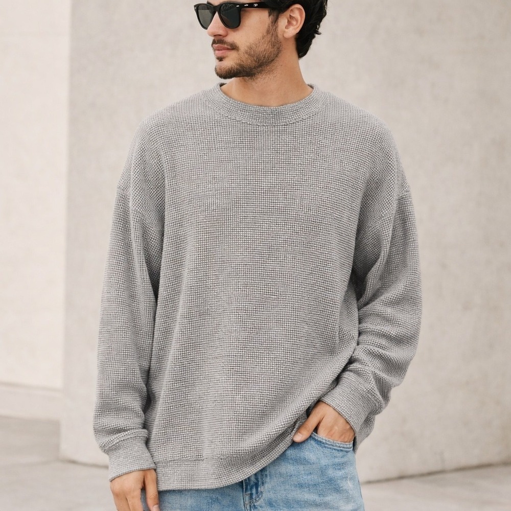 Aerie Mens Grey Waffle Knit Crewneck‎ Oversized Pullover Sweater XL RN54485